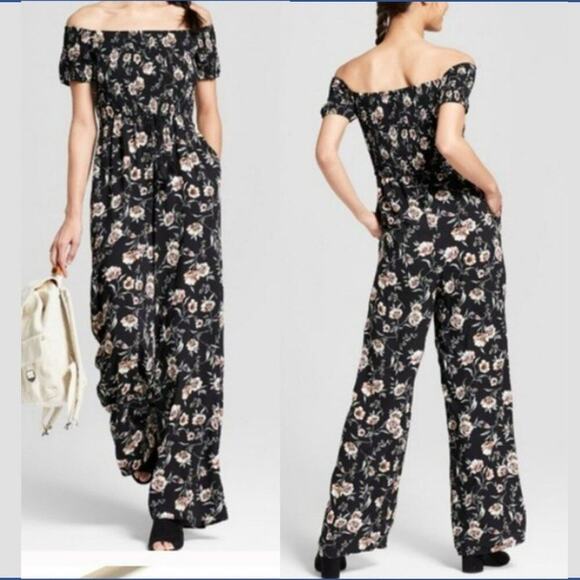 Xhilaration Floral Off Shoulder Wide Leg Smocked Jumpsuit Size S Multicolor - Picture 2 of 15
